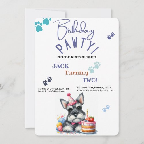 Birthday Pawty Miniature Schnauzer Dog Birthday Invitation