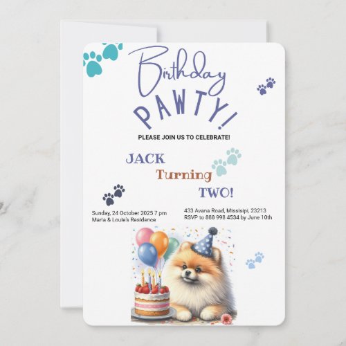 Birthday Pawty Pomeranian Dog Customized Birthday Invitation
