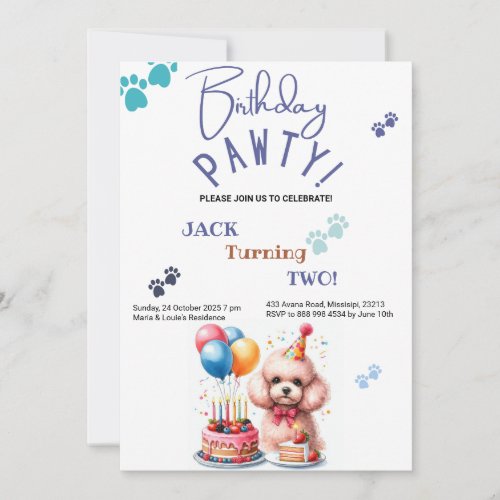 Birthday Pawty Poodle Dog Personalized Birthday Invitation
