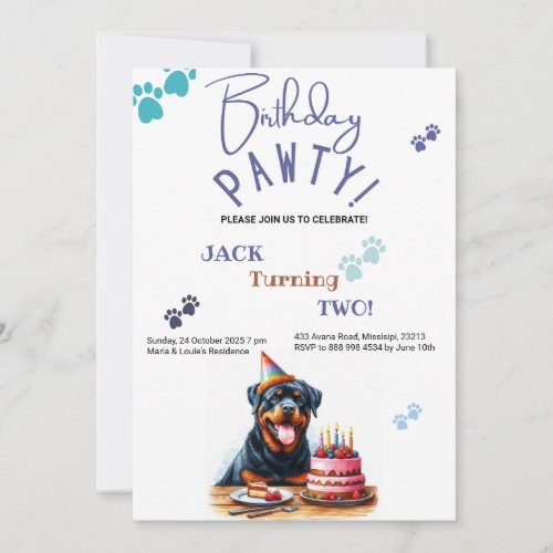 Birthday Pawty Rottweiler Dog Customized Birthday Invitation