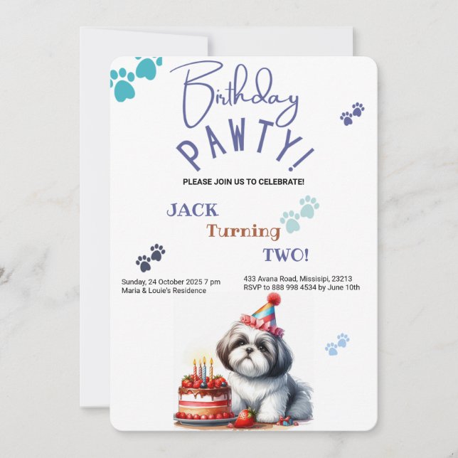 Birthday Pawty Shih Tzu Dog Personalized Birthday Invitation (Front)