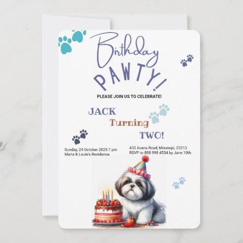 Birthday Pawty Shih Tzu Dog Personalized Birthday Invitation