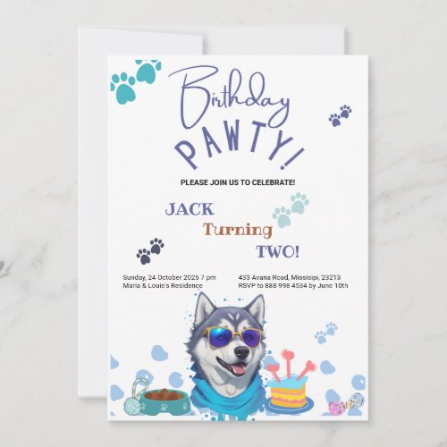Birthday Pawty Siberian Husky Dog Birthday Invitation