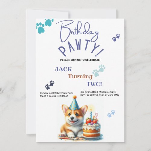 Birthday Pawty Welsh Corgi Dog Customized Birthday Invitation