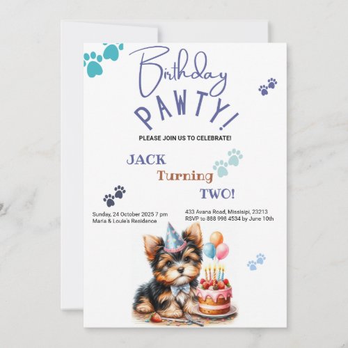 Birthday Pawty Yorkshire Terrier Dog Birthday Invitation