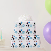 Birthday Penguin Blue Balloon Name Wrapping Paper