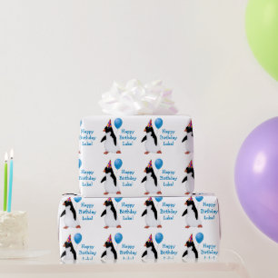 Birthday Penguin Blue Balloon Name Wrapping Paper