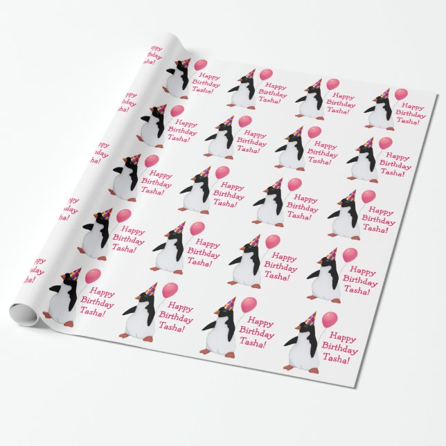 Birthday Penguin Custom Name Wrapping Paper (Unrolled)