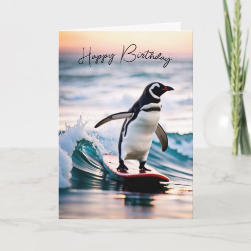 Birthday Penguin On a Surfboard Card