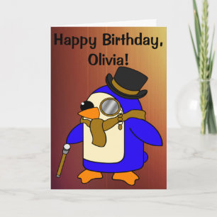 Birthday Penguin Tanned Leather Brown Customizable Card