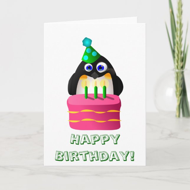 Birthday Penguin With Cake Card (Front)