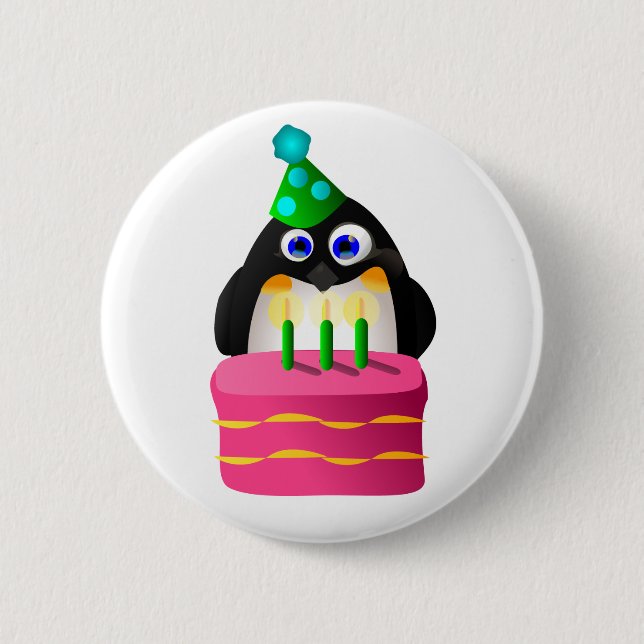 Birthday Penguin With Cake Pinback Button (Front)