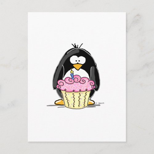 Birthday Penguin with Cupcake Postcard