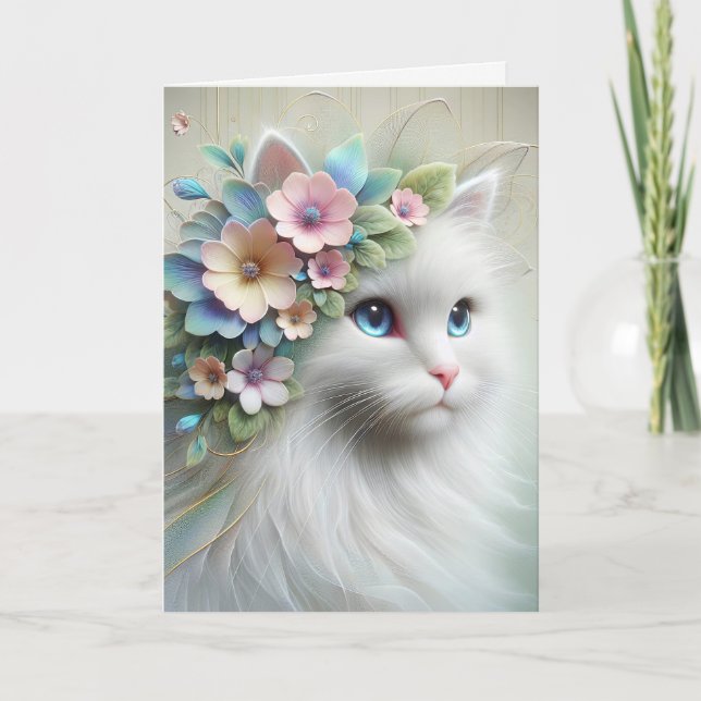 Birthday Persian Cat With Floral Laurel Card (Front)