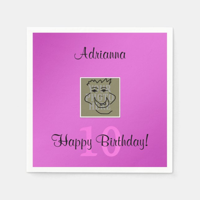 Birthday Personal Photo and Custom Text Pink Paper Napkins (Front)