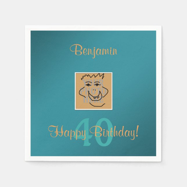 Birthday Personal Photo and Custom Text Teal Napkins (Front)