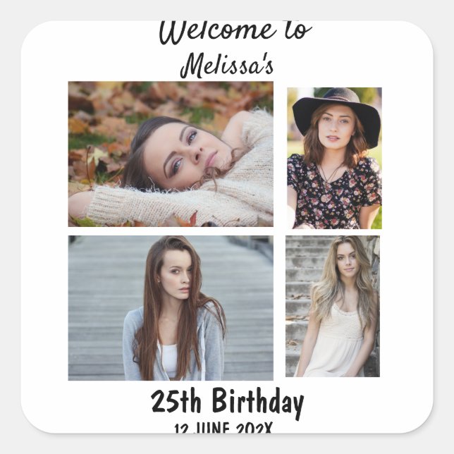Birthday Personalized 4 Photo Collage Square Sticker (Front)