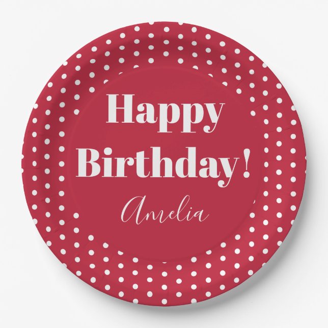 Birthday Personalized Happy Birthday Red Polka Dot Paper Plates (Front)