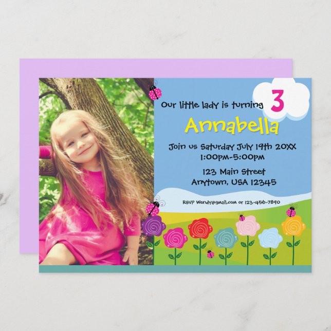 Birthday Personalized Invitation Lady Bug Florals  (Front/Back)