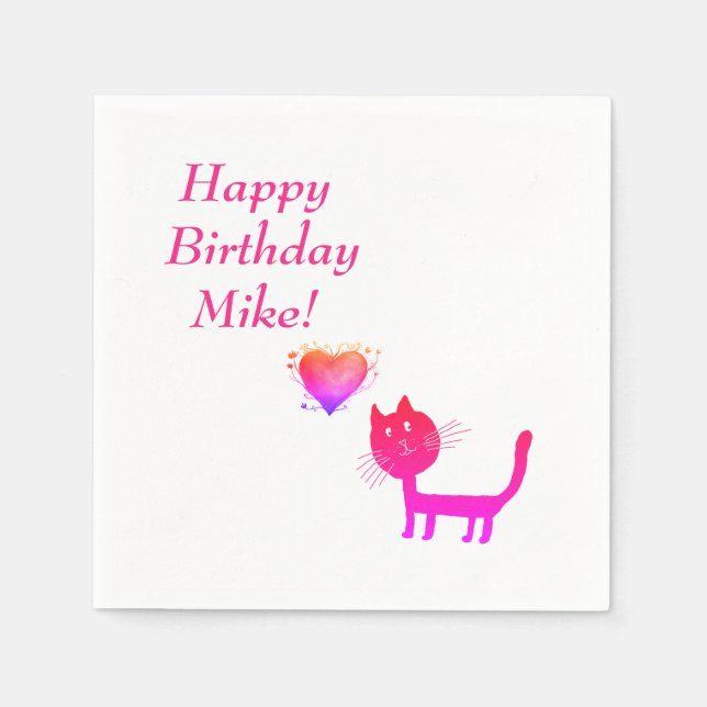 Birthday Personalized  Paper Napkins with Cat (Front)
