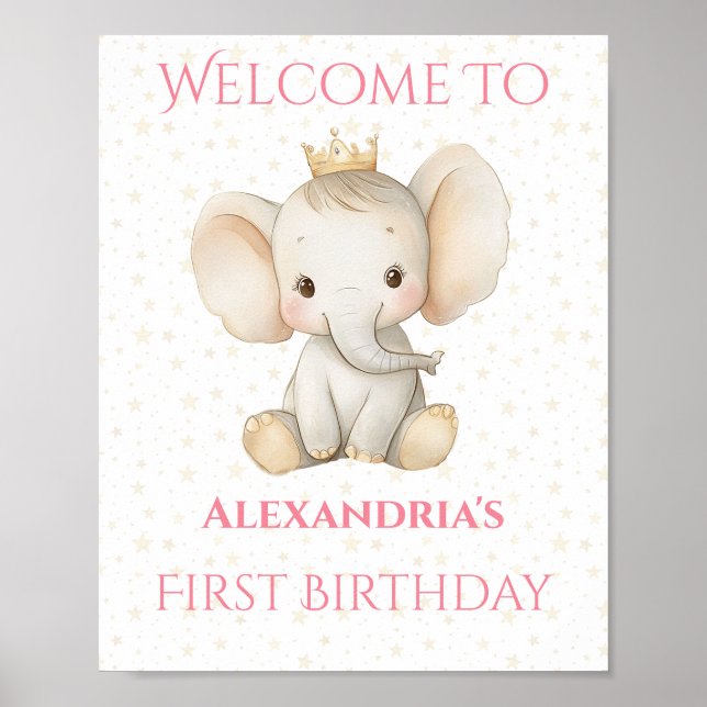  Birthday Personalized Princess Elephant Welcome Poster (Front)