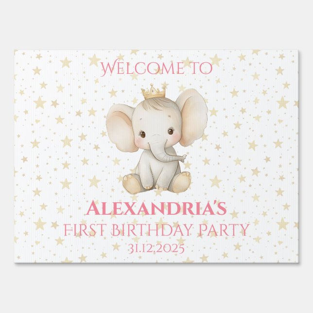 Birthday personalized princess elephant Welcome Sign (Front)