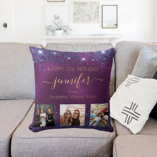Birthday photo best friend purple blue gold names throw pillow