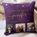Birthday photo best friend purple names BFF Throw Pillow<br><div class="desc">A gift from friends for a woman's 21st birthday, celebrating her life with 3 of your photos of her, her friends, family, interest or pets. Personalize and add her name, age 21 and your names. Golden colored letters. A chic feminine purple background color. The purple color is uneven. Decorated with...</div>