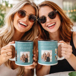 Birthday photo best friends names green cyan mug<br><div class="desc">A gift from friends for a woman's 21st birthday, celebrating her life with 3 of your photos of her, her friends, family, interest or pets. Personalize and add her name, age 21 and your names. A green, dark cyan colored background. Her name is written with a modern hand lettered style...</div>