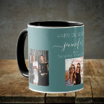 Birthday photo best friends names green cyan mug<br><div class="desc">A gift from friends for a woman's 21st birthday, celebrating her life with 3 of your photos of her, her friends, family, interest or pets. Personalize and add her name, age 21 and your names. A green, dark cyan colored background. Her name is written with a modern hand lettered style...</div>