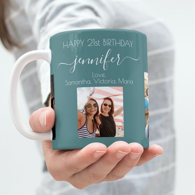 Birthday photo best friends names green dark cyan coffee mug (Creator Uploaded)