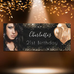 Birthday photo black gold glitter dust name script banner<br><div class="desc">For a glamorous 21st (or any age) birthday party. A classic black background. Decorated with dark gold faux glitter dust and balloons.  Personalize and add a photo and a name.  Perfect both as a welcome  banner or as party decor. Use a vertical/portrait size photo.</div>