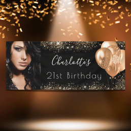 Birthday photo black gold glitter dust name script banner