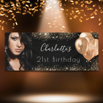 Birthday Photo Black Gold Glitter Dust Name Script Banner by Thunes at Zazzle
