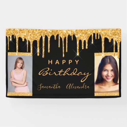 Birthday photo black gold glitter friends twins banner