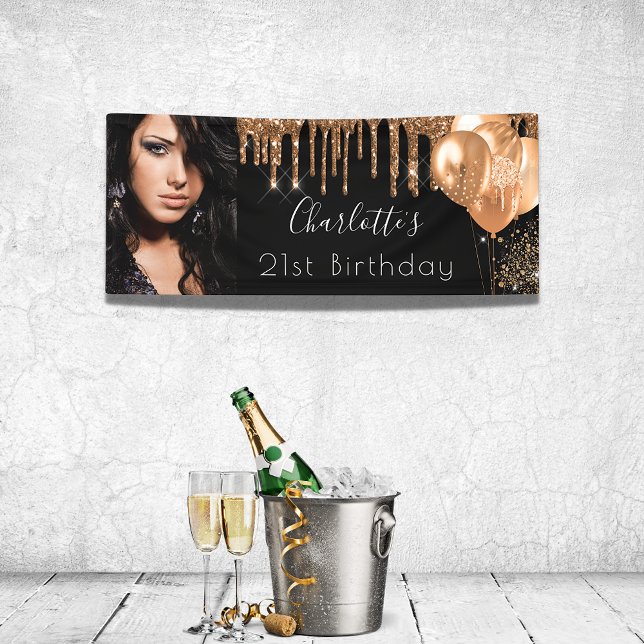 Birthday photo black gold glitter monogram banner (Creator Uploaded)