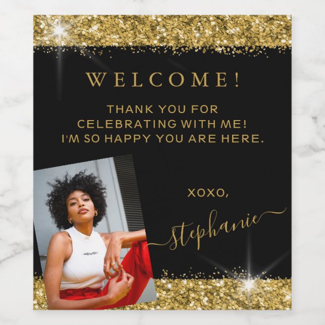 Birthday Photo Black Gold Glitter Welcome Wine Label (Single Label)