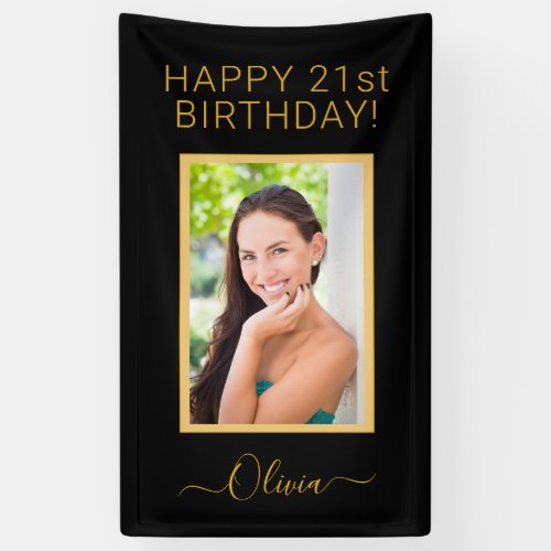 Birthday Photo Black Gold Script Girly Banner