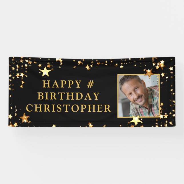 Birthday Photo Black Gold Stars Personalized Banner (Horizontal)