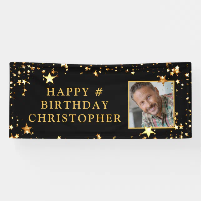 Birthday Photo Black Gold Stars Personalized Banner Zazzle