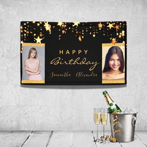 Birthday photo black gold  stars two friends twins banner