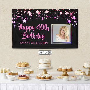 Birthday Photo Black Pink Stars Personalized Banner