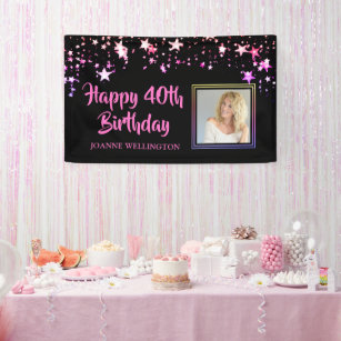Birthday Photo Black Pink Stars Personalized Banner