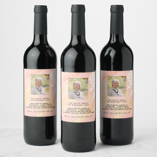 Birthday photo blush fun facts bio woman wine label (Bottles)