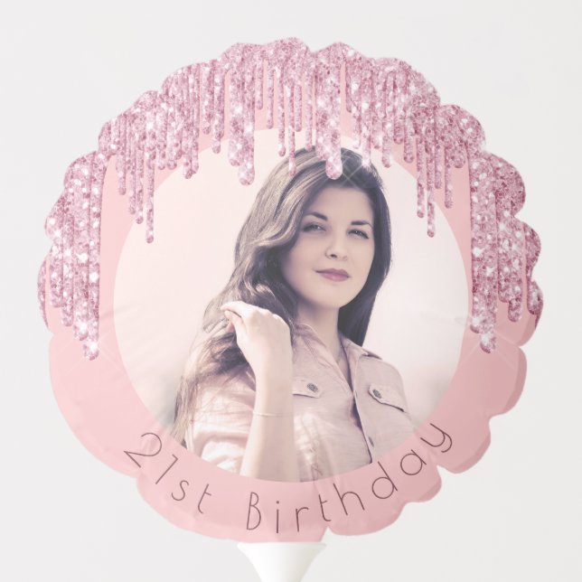Birthday photo blush pink glitter drips monogram balloon (Back)
