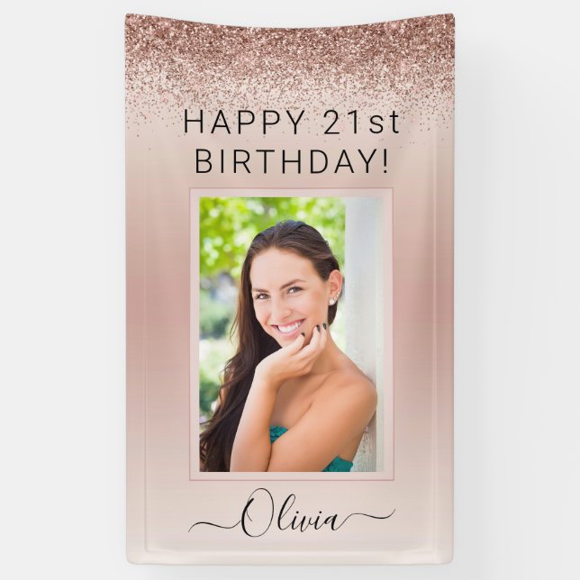 Birthday Photo Blush Pink Glitter Girly Rose Gold Banner (Vertical)
