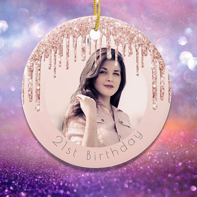 Birthday photo blush pink rose gold glitter ceramic ornament (Creator Uploaded)