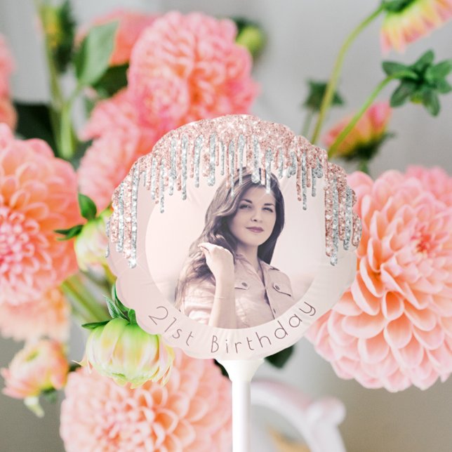 Birthday photo blush pink rose gold glitter silver balloon (Creator Uploaded)