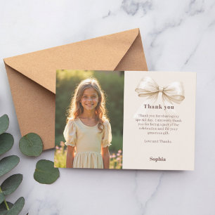 Birthday photo bow beige thank you card