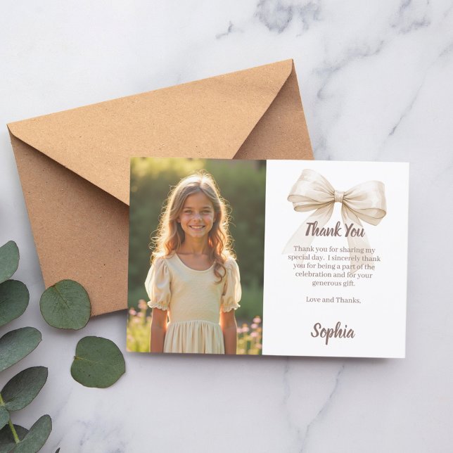 Birthday photo bow beige thank you card (Creator Uploaded)